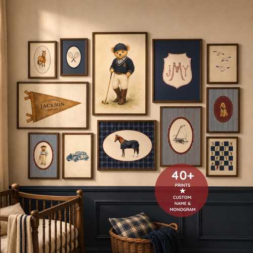 Old Money Boys Gallery Wall, Navy Preppy Nursery Wall Art, Vintage Sports Prints, Grandmillennial Boy Room, Long Live Boyhood Digital Print
