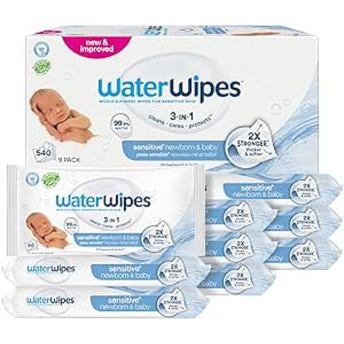 WaterWipes Sensitive+ Newborn & Baby Wipes, 3-In-1 Cleans, Cares, Protects, 99.9% Water, Unscented & Hypoallergenic, 540 Count (9 Packs)