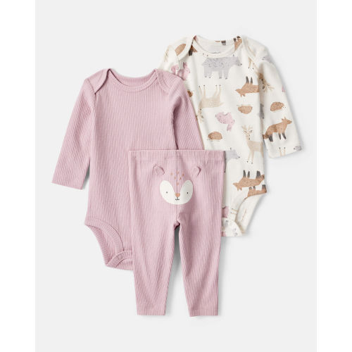 Baby Girl 3-Piece Woodland Creatures Long-Sleeve Bodysuits & Pant Set - Pink/White - Carter's | Carter's