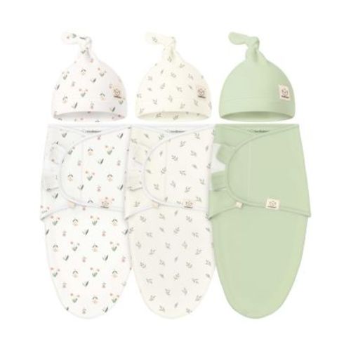 3-Pack Organic Baby Swaddle Sleep Sacks with Knot Hats, Newborn Baby Swaddles Wrap 0-3 Months, Ergonomic Wearable Blanket