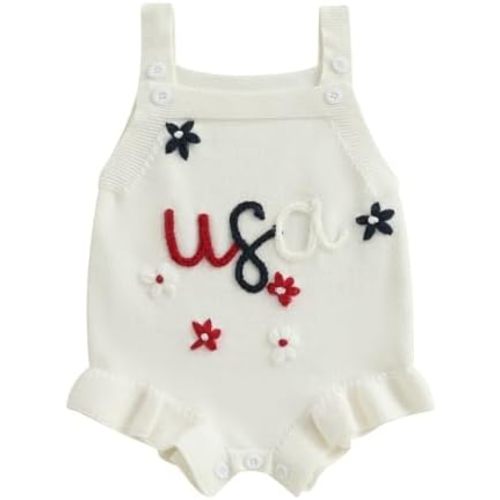 Infant Baby Girl 4th of July Outfit Newborn Sleeveless Button USA Flower Embroidery Romper