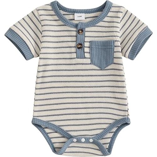 Douhoow Baby Boy Summer Romper Short Sleeve Baby Waffle Romper Striped Baby Bodysuit Infant Baby Jumpsuit with Pocket