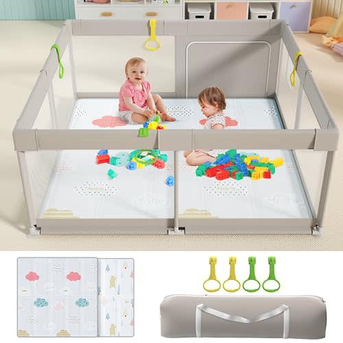 UANLAUO Baby Playpen with Mat, 59x59inch Playpen for Babies and Toddlers, Extra Large Baby Playpen,Kids Play Pen,Baby Fence,Big Playpen for Infants with Gate,Playard for Baby