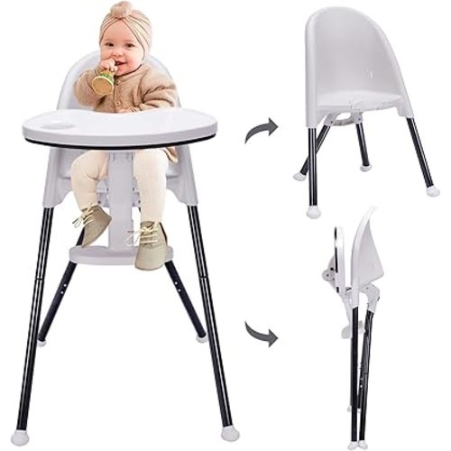 HAN-MM Foldable High Chair, One Click fold,Save Space, Detachable Double Tray, Infant Chair, Car Traveling, 3 in 1 Convertible, 3-Point Harness, Adjustable Footrest, Non-Slip Feet, Adjustable Legs