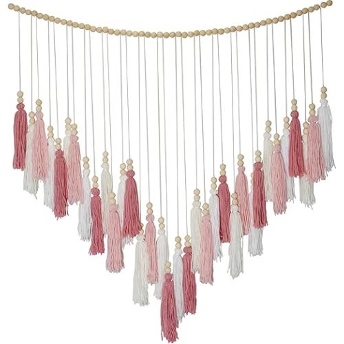 Pink&White Large Macrame Wall Haning Boho Wall Decor,Blush Pink Tassel Wall Decor Bohemian, Pink Bedroom Living Room Girls Room Wall Décor Nursery Dorm Room Boho Gift for Girls Woman Gifts