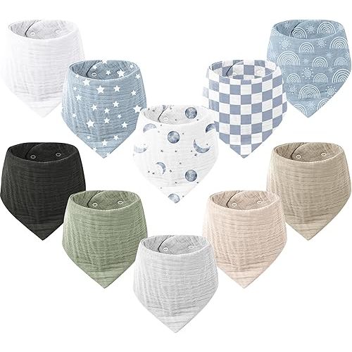 Konssy Muslin Baby Bibs 10 Pack Baby Bandana Drool Bibs 100% Cotton for Unisex Boys and Girls, Soft Absorbent Set for Teething and Drooling