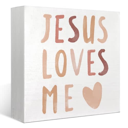 FLVGE Boho Neutral Baby Girl Boy Nursery Decor - Jesus Loves Me Christian Wood Box Sign Desk Decor, Toddler Girl Room Decor, Christian Desk Decor Bible Verse Decor, 5x5