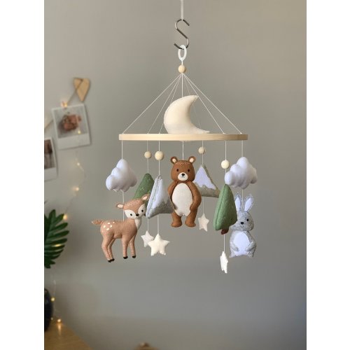 Woodland baby mobile, Baby mobile forest animals, Mountain forest baby mobile, Woodland nursery decor, Felt baby mobile with deer bear hare