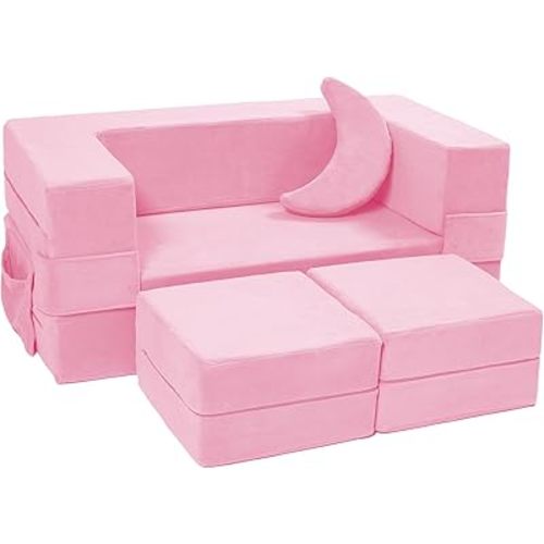Modular Kids Sofa,Toddler Couch Foam Armchair for Kids, Children Convertible Plush Sofa Play Set,Fold Out SofaBed(Pink)