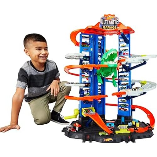 Hot Wheels Ultimate Garage Track Set with 2 Toy Cars, Hot Wheels City Playset with Multi-Level Side-by-Side Racetrack, Moving T-Rex Dino & Storage for 100+ 1:64 Scale Vehicles (Amazon Exclusive)
