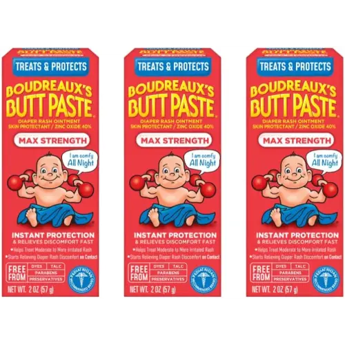 Boudreaux's Butt Paste Maximum Strength Diaper Rash Cream, Ointment for Baby, 2 oz Tube, 3 Pack