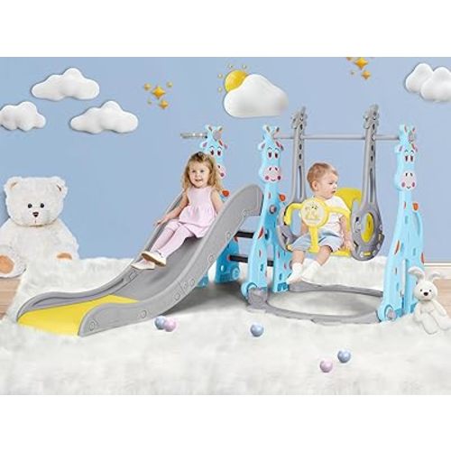 4 in 1 Toddler Slide and Swing Set, Kid Slide for Age 18-36 Months Indoor Outdoor Baby Slide Playset with Basketball Hoop, Ball, Climber and Swing, Toddler Slide Plastic Slide(Lake Green)