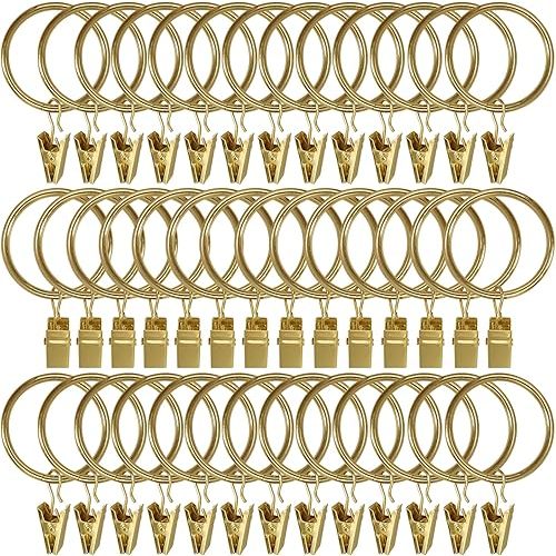 LLPJS 40 Pack Metal Curtain Rings with Clips, Curtain Clip Rings Hooks for Hanging Drapery Drapes Bows, Curtain Rod Rings 1.5 inch Interior Diameter, Gold