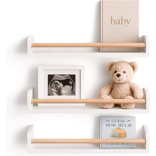 Decorative Nursery Bookshelves for Kids - Set of 3 Easy to Install Floating Shelves for Wall Mount - Beautiful Hanging Organizer Furniture for Your Baby Boy or Girl's Bedroom and Play Room Decor