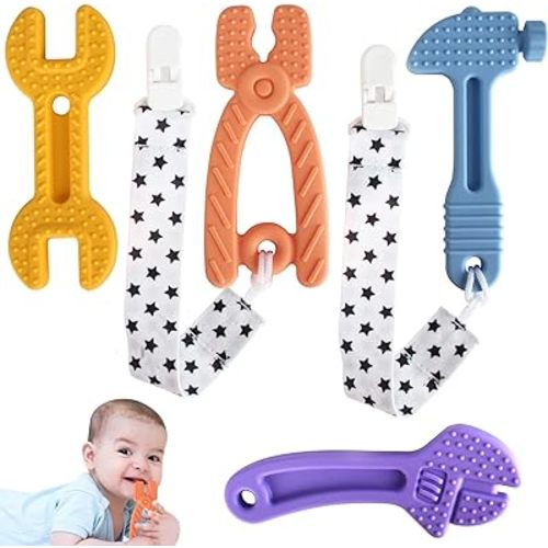 Fu Store 4 Pack Soft Silicone Teething Toys for 0-12 Months 6-24 Months Toddlers Infant Hammer Spanner Wrench Pliers Tools Shape Baby Teethers Relief Soothe Babies Gums Set