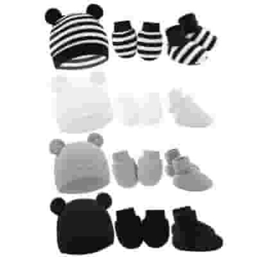 BULLPIANO 4 Set Newborn Baby Hat Mittens and Socks Soft Newborn Bear Ear Beanie Mitten Ankle Sock for Infant Boys Girls