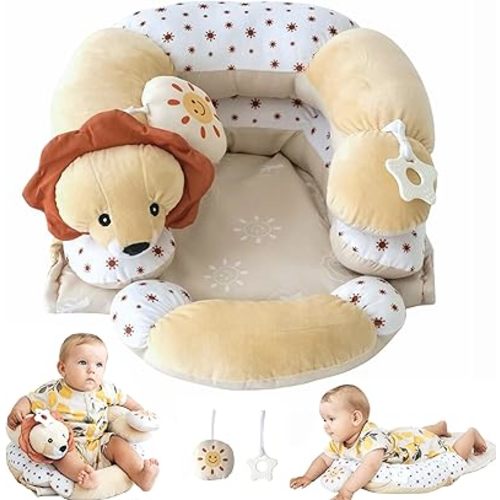 2 in 1 Tummy Time Mat and Seated Support Pillows - Newborns and Older Babies, Detachable Support Pillow and Two Toys, for Development of Strong Head and Neck (Sand)