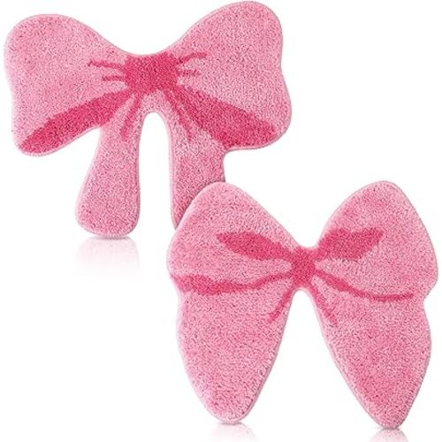 2 Pcs Pink Bow Bathroom Rugs Coquette Preppy Cute Bow Shaped Bath Mats Home Decor Non Slip Soft Plush Absorbent Washable Carpet for Tub Shower Doormat for Girl Pink Lovers, 19. 7" x 18. 5"