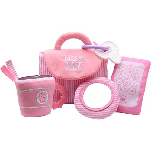 4 Piece Plush My First Purse Play Set with Sensory Toys and Bonus Teether Keys for Baby, Pink Stripe, 8 inch