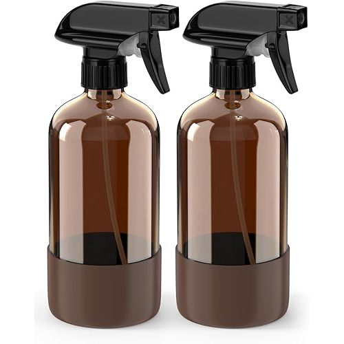 Glass Spray Bottle with Silicone Sleeve Protection, Amber Glass Spray Bottle Set for Window Cleaner Aromatherapy Facial Hydration Watering Flowers Hair Care 2 Pack/16 oz (Brown, 16 oz)