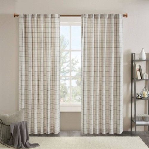 Preston Plaid Rod Pocket and Back Tab Room Darkening Curtain Panel with Fleece Lining, Color: White/Brown, Size: 95"x50"