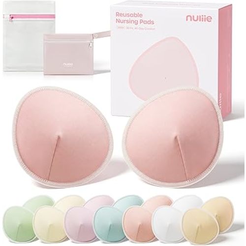 Nuliie Reusable Nursing Pads 14 Pack (7 Pairs), Contour Cup Shape for Better Coverage, Ultra Thin Breast Pads for Leaking Milk, Washable Breastfeeding Pads with Laundry Bag & Wet Bag