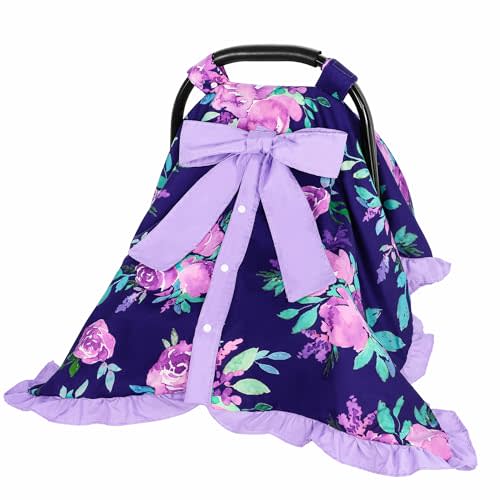TANOFAR Ruffle Baby Girls Car seat Cover, Peekaboo Opening Car Seat Cover for Babies, Soft and Breathable Infant Carrier Canopy, Multi-use Baby Carrier, Purple Flower