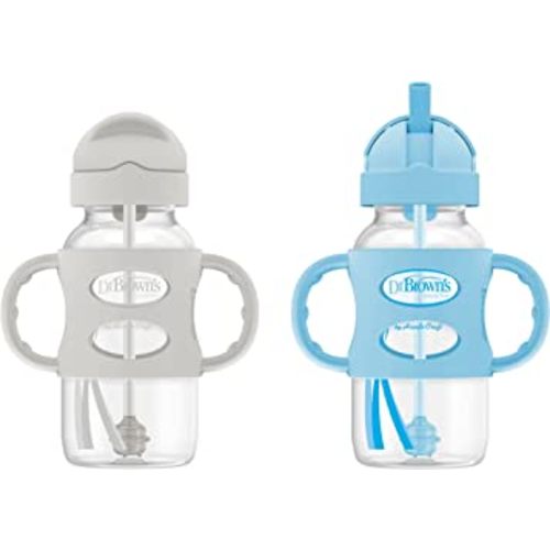 Dr. Brown's Milestones Wide-Neck Sippy Straw Bottle with 100% Silicone Handles and Weighted Straw, 9 oz/270 mL, Gray & Blue, 6m+