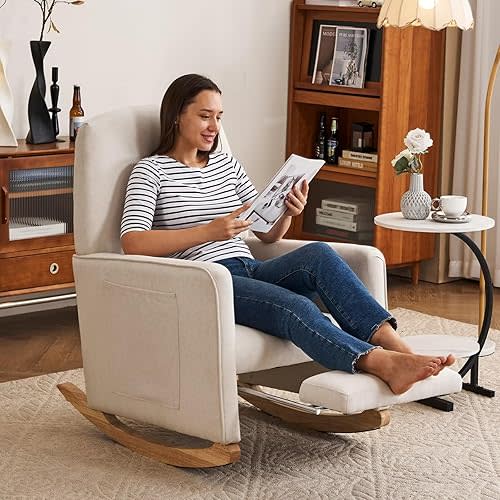 FOXHUNTER Rocking Chair, Nursery Chair with Adjustable Footrest and High Backrest, Glider Chair for Nursery with Side Pockets,Upholstered Rocking Chair Indoor for Living Room,Cotton Linen Beige