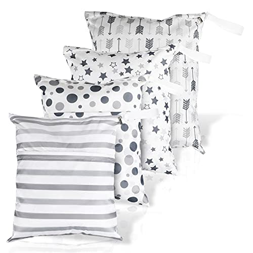 Frienda 4 Pieces Wet Dry Bag for Baby Waterproof Reusable Washable Diaper Bag Sealed with Handle for Travel, Beach, Swimsuit, Diapers, Dirty Gym Clothes and Toiletries (Geometric)