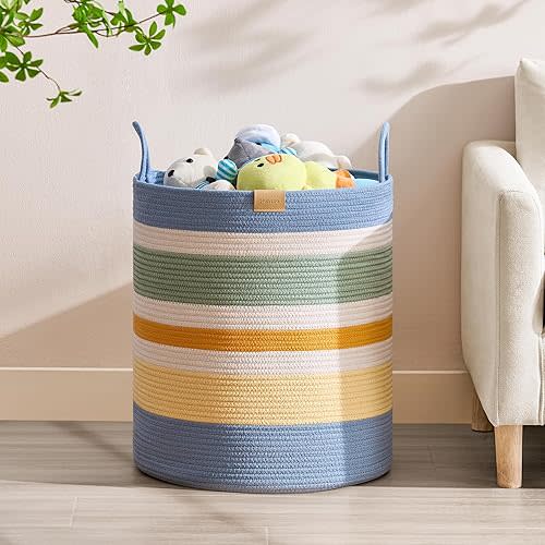 80L Laundry Hamper Basket,Baby Nursery Woven Storage Basket for Toys Bin,Pillows,Blankets,Clothes,Colorful Stripe