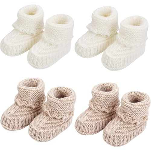Baby Booties, Newborn Walking Shoes, Infant Hand Crochet Knit Cotton Sock Booties, Soft Cozy Socks Slippers, Indoor House Shoes for Baby, 2 Pairs