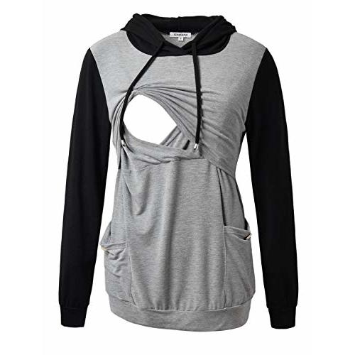 GINKANA Womens Nursing Hoodie Top Sweatshirt Long Sleeve Button Decoration Pockets Shirts Tunic Top
