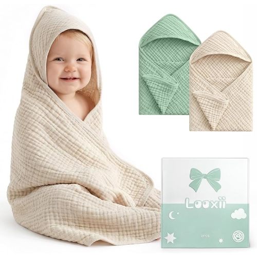 Looxii Baby Bath Towels 2 Pack Muslin Hooded Baby Towels for Newborn and Infants, 100% Cotton, Large 32x32Inch, Soft and Absorbent Beige+Green