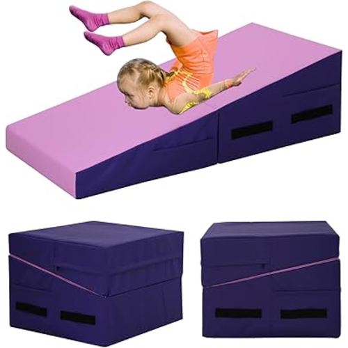 Gymnastics Mat 34”X24”X14” Incline Tumbling Mats for Home Gym, Folding Exercise Mat Cheese Wedge Mat with Non-Slip PVC Surface & Handles for Kid Adults Workout