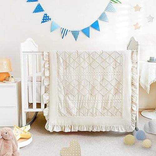 Wowelife 3 Pieces Crib Bedding Set for Girls, Mini Tufted Jacquard Ruffle Fringe Boho Baby Bedding Set Newborn, Infant & Nursery with Comforter, Crib Fitted Sheet and Crib Skirt, Beige