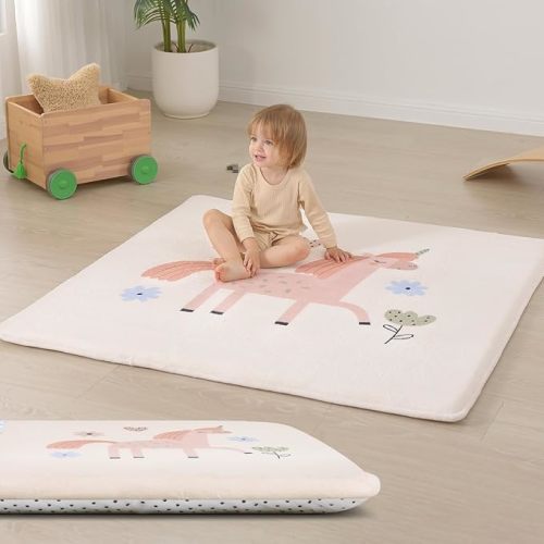 Baby Play Mat for Floor,1.3" Thick Cushioned Playpen Mat 50"x50",Extra Soft Elasti-Foam,Water Repellent Coral Velvet,Non-Slip for Crawling&Tummy Time,Infant Toddler Kids Nursery Rug(Unicorn)