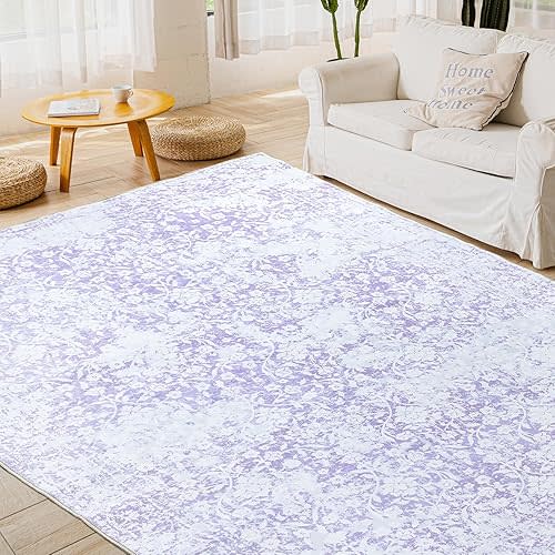 DUKINO Washable Area Rug 6x9, Boho Low-Pile Rugs for Living Room, Non Slip Rubber Backing Girls Rugs, Soft Vintage Rug for Nursery, Living Room, Bedroom, Dining Room, Office, Purple