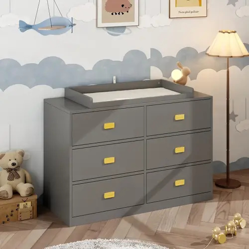 6 Drawer Baby Dresser, Nursery Dresser with Changing Topper, Long Dresser for Infant Cloth Organize, Changing Station for Nursery and Kids Bedroom Storage, Grey (45.3" W x 18.9" D x 30.1" H)
