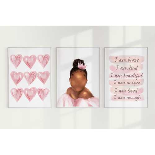 Set of 3 African American Princess Room Prints, Black Princess, Affirmations Wall Art, Hearts, Princess Themed Nursery, DIGITAL Download