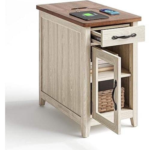 LINSY HOME Farmhouse End Table with Charging Station, Narrow Side Table for Living Room, Sofa Side Table with Drawer and Storage Cabinet, Small Nightstand for Home Office