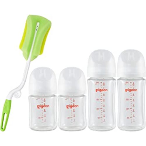 Pigeon Glass Nursing Baby Bottle Wide Neck(Pack of 4), Streamlined Body, Natural Feel, Easy to Clean, Heat-Resistant, 5.4Oz and 8.1Oz, with a Sponge Bottle Brush
