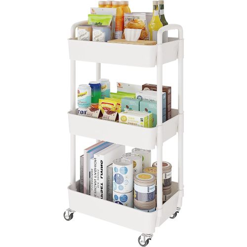 Laiensia 3-Tier Storage Cart,Multifunction Kitchen Storage Organizer,Mobile Shelving Unit Utility Rolling Cart with Lockable Wheels for Bathroom,Laundry,Living Room,With Classified Stickers,White