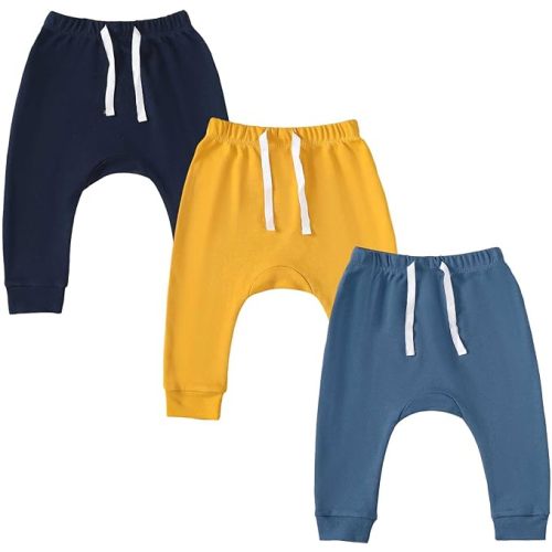 SOBOWO Newborn Baby Boy Girl 3-Pack Joggers Infant Baby Cotton Harem Pants for Toddler Boys Girls 0-3T Interlock 195 GSM