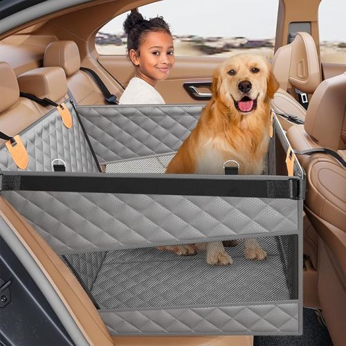 PETICON Large Dog Car Seat, Back Seat Extender for Dogs with 3 Mesh Windows, Waterproof Medium Carseat for Dogs with 4-Splice Hard Bottom, Pet Seat Cover for Cars, Trucks and SUVs (Black)