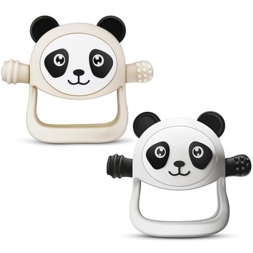 COZYPANDA Teething Toys for Babies 0-6-12 Months, 2 Pcs Never Drop Baby Teether for Teething Relief Silicone Baby Hand Mittens with Sucking Need Pacifier, Baby Chew Toys for Breast Feeding,White+Khaki - White+Khaki Panda Teether