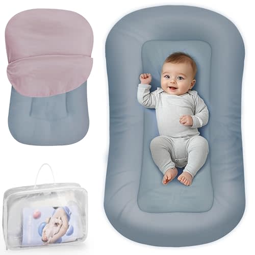 Baby Lounger - Baby Lounger Pillow for Newborn, 0-24 Months, Infant Lounger for Home and Travel, Soft Cotton, Baby Nest Lounger, Newborn Babies Essentials Gifts, GrayishBlue (Lounger Cover Included)