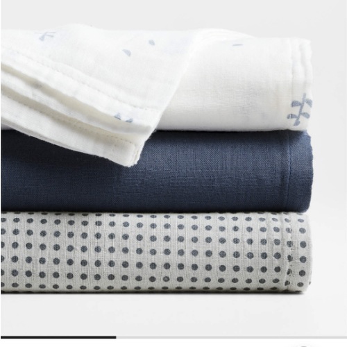 Mixed Print Coy Blue Organic Cotton Gauze Baby Swaddle Blankets, Set of 3