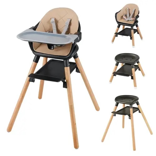 BABY JOY Baby High Chair, 6 in 1 Convertible Wooden High Chair for Babies & Toddlers with Adjustable Legs, Double Removable Tray, Safety Harness & Waterproof PU Cushion (Coffee)