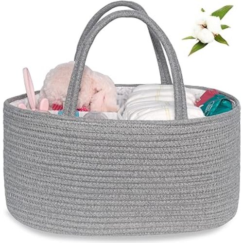 ABenkle Diaper Caddy Organizer, Rustic Boho Cotton Rope Nursery Baby Basket, Changing Table Organizer for Baby Diaper Storage, Neutral Grey